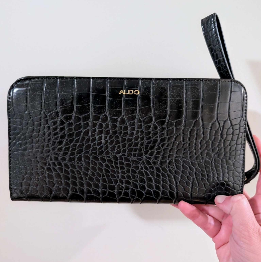 Aldo Black Croc-Patterned Wristlet